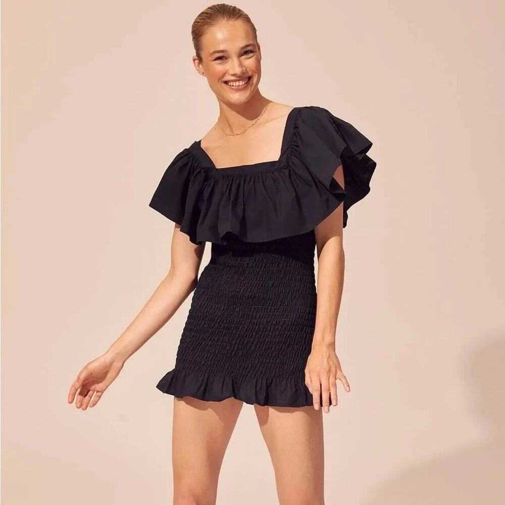 Anthropologie Solid & Striped Smocked Ruffle Dress Black Poplin Small